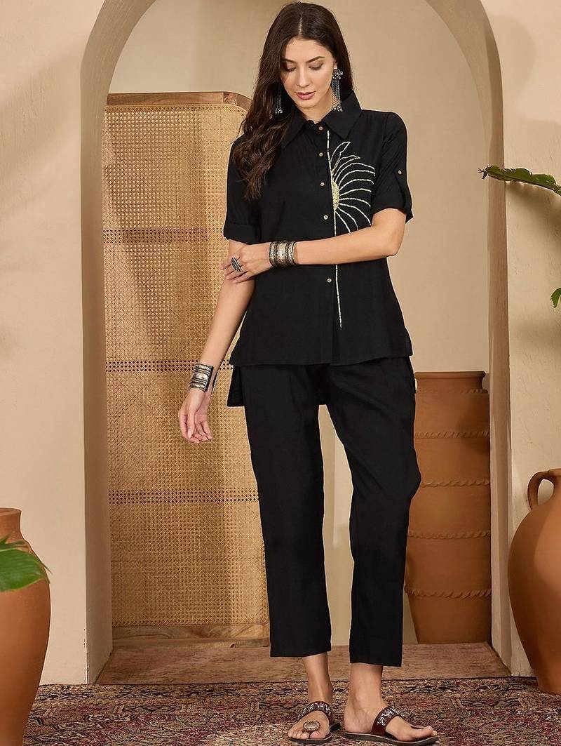 Sequinned Black Roman Silk Co Ords for Women