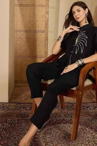 Sequinned Black Roman Silk Co Ords for Women