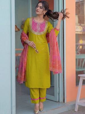 Women Ethnic Motifs Embroidered Regular Thread Work Kurta with Trousers & With Dupatta 7