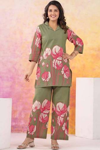 Floral Printed Moss Green Cotton Co Ords for Women