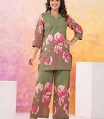 Floral Printed Moss Green Cotton Co Ords for Women