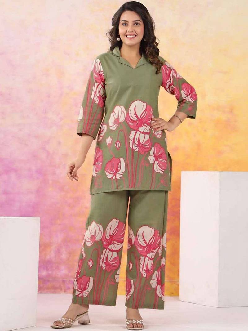 Floral Printed Moss Green Cotton Co Ords for Women
