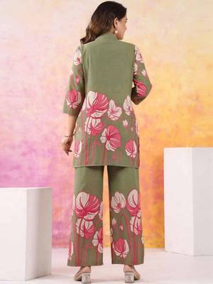 Floral Printed Moss Green Cotton Co Ords for Women 3