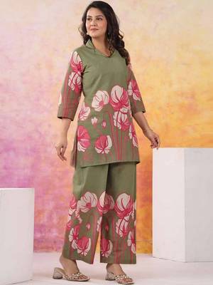 Floral Printed Moss Green Cotton Co Ords for Women 4