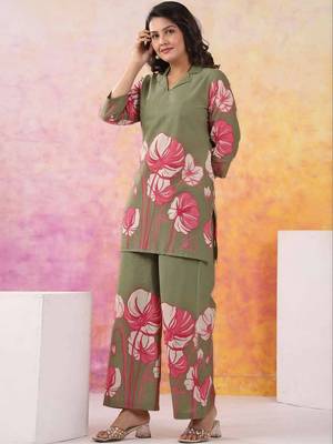 Floral Printed Moss Green Cotton Co Ords for Women 6