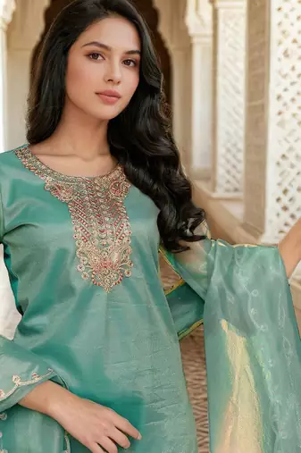 Floral Yoke Design Net Straight Kurta With Trousers & Dupatta