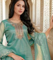 Floral Yoke Design Net Straight Kurta With Trousers & Dupatta