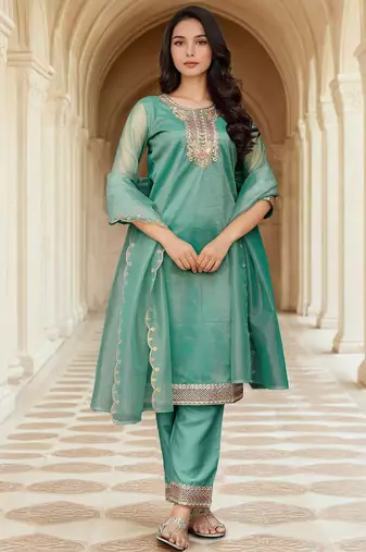 Floral Yoke Design Net Straight Kurta With Trousers & Dupatta