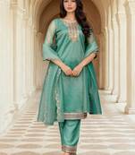 Floral Yoke Design Net Straight Kurta With Trousers & Dupatta