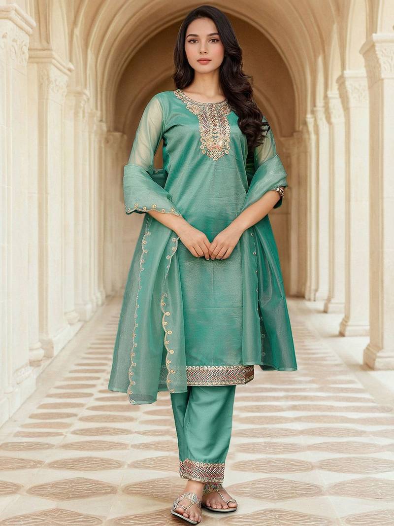Floral Yoke Design Net Straight Kurta With Trousers & Dupatta