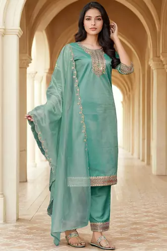 Floral Yoke Design Net Straight Kurta With Trousers & Dupatta