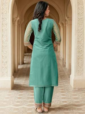 Floral Yoke Design Net Straight Kurta With Trousers & Dupatta 4