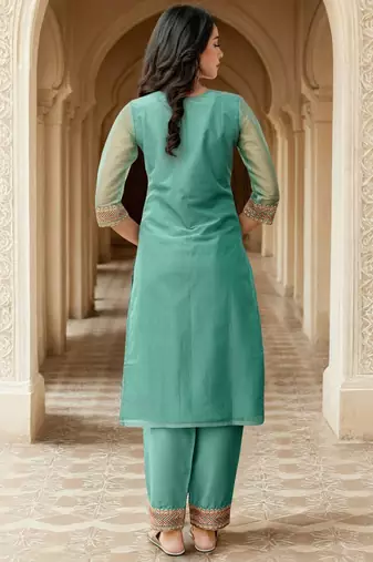 Floral Yoke Design Net Straight Kurta With Trousers & Dupatta