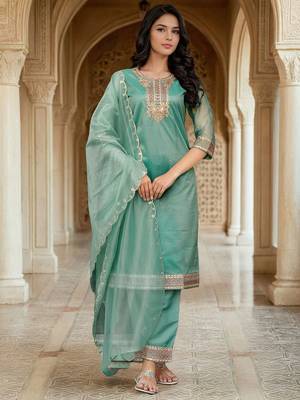 Floral Yoke Design Net Straight Kurta With Trousers & Dupatta 5