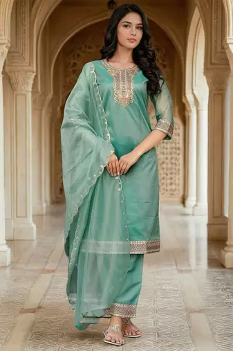 Floral Yoke Design Net Straight Kurta With Trousers & Dupatta