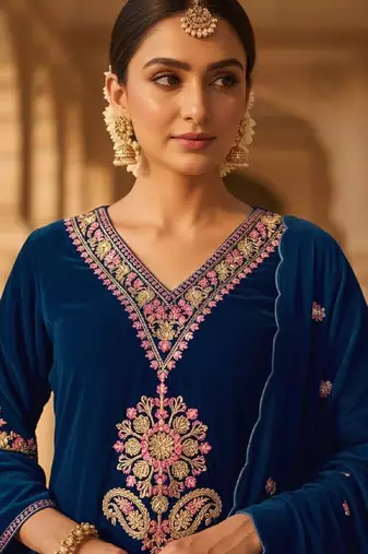 Women Ethnic Motifs Embroidered Regular Thread Work Velvet Kurta with Trousers & With Dupatta
