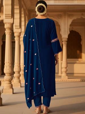 Women Ethnic Motifs Embroidered Regular Thread Work Velvet Kurta with Trousers & With Dupatta 3