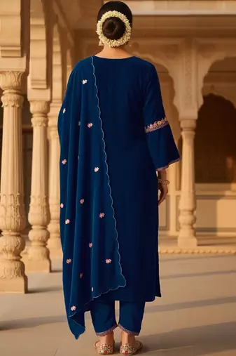 Women Ethnic Motifs Embroidered Regular Thread Work Velvet Kurta with Trousers & With Dupatta