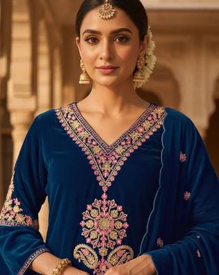 Women Ethnic Motifs Embroidered Regular Thread Work Velvet Kurta with Trousers & With Dupatta 5
