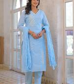 Women Embroidered Regular Thread Work Kurta with Trousers & With Dupatta