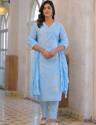 Women Embroidered Regular Thread Work Kurta with Trousers & With Dupatta 6