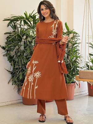 Women Floral Embroidered Regular Thread Work Pure Cotton Kurta with Trousers & With Dupatta 6