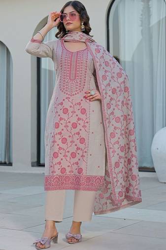 Women Floral Printed Regular Thread Work Kurta with Trousers & With Dupatta