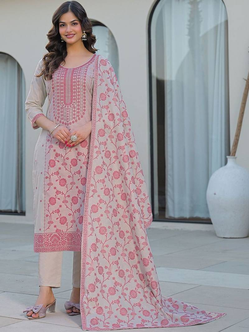 Women Floral Printed Regular Thread Work Kurta with Trousers & With Dupatta
