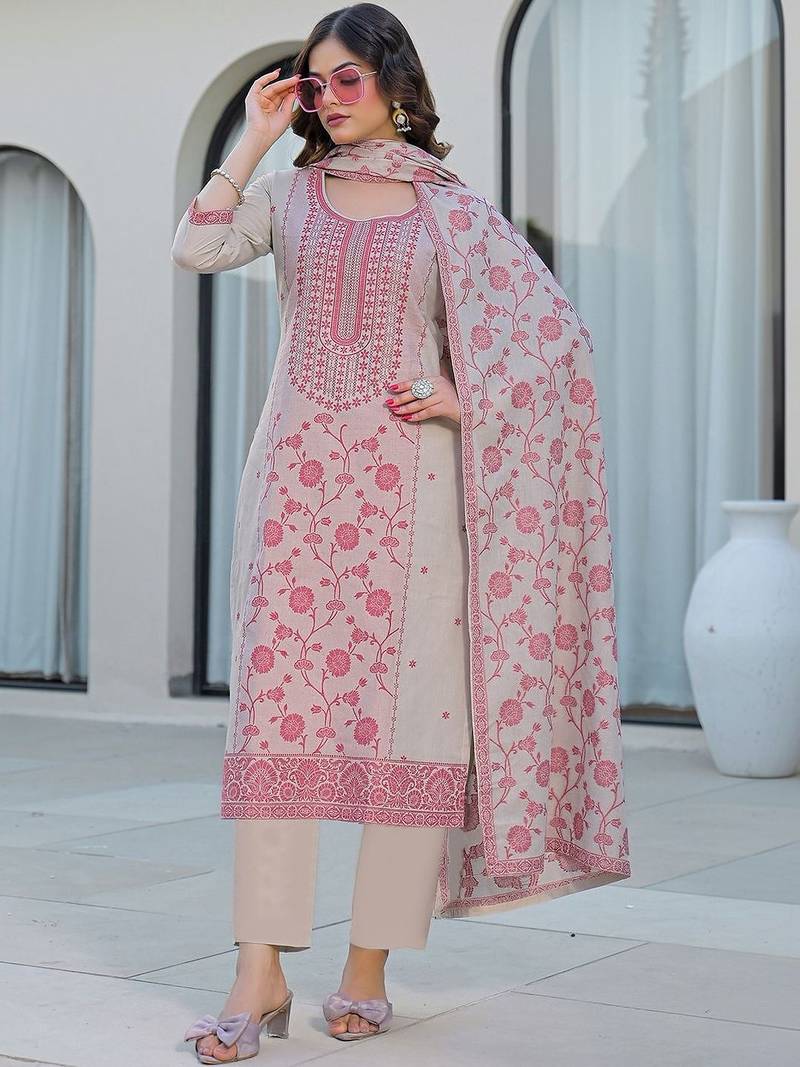 Women Floral Printed Regular Thread Work Kurta with Trousers & With Dupatta