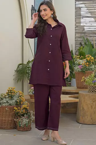 Dyed Wine Viscose Rayon Co Ords for Women