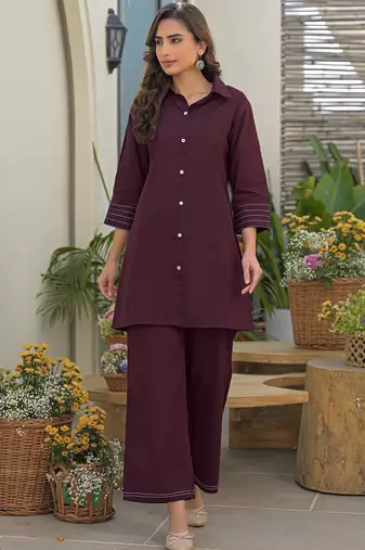 Dyed Wine Viscose Rayon Co Ords for Women