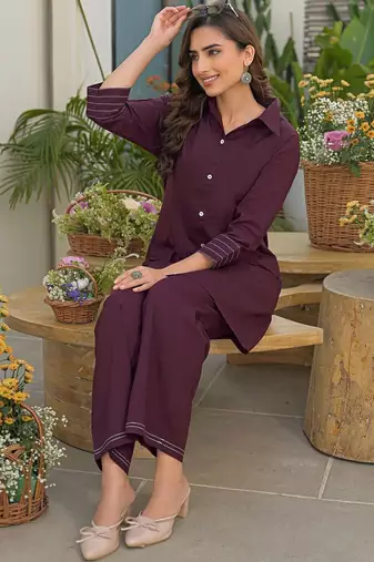 Dyed Wine Viscose Rayon Co Ords for Women