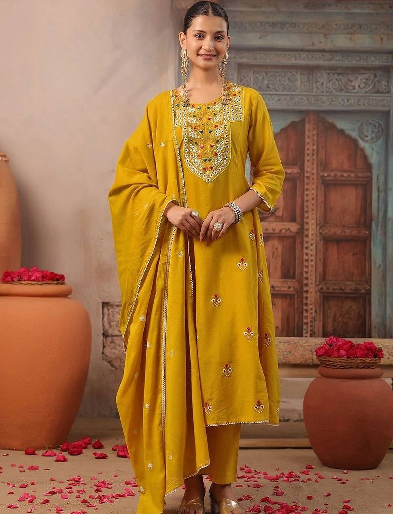 Women Ethnic Regular Thread Work Pure Cotton Kurta with Trousers & With Dupatta