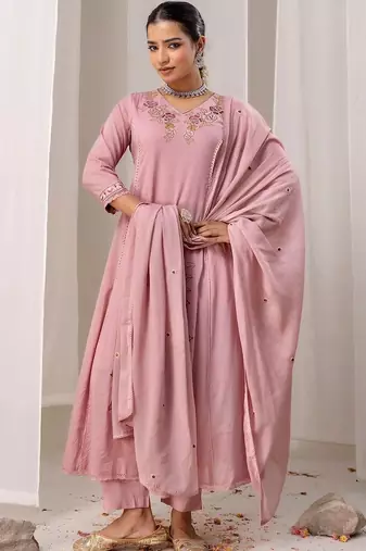 Women Floral Embroidered Angrakha Thread Work Chanderi Cotton Kurta with Trousers & With Dupatta