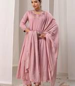 Women Floral Embroidered Angrakha Thread Work Chanderi Cotton Kurta with Trousers & With Dupatta