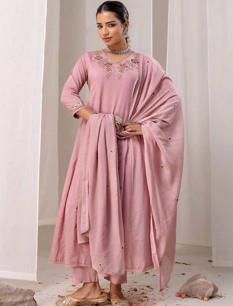 Women Floral Embroidered Angrakha Thread Work Chanderi Cotton Kurta with Trousers & With Dupatta