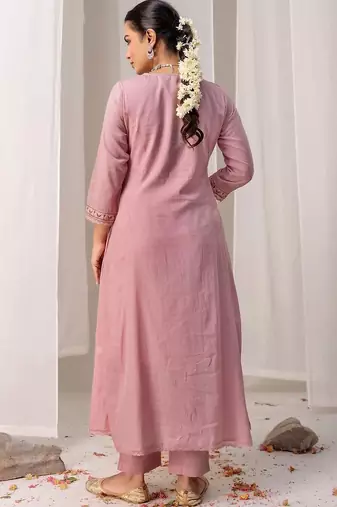 Women Floral Embroidered Angrakha Thread Work Chanderi Cotton Kurta with Trousers & With Dupatta