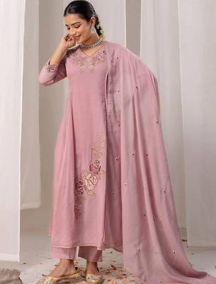 Women Floral Embroidered Angrakha Thread Work Chanderi Cotton Kurta with Trousers & With Dupatta 3