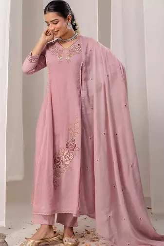 Women Floral Embroidered Angrakha Thread Work Chanderi Cotton Kurta with Trousers & With Dupatta