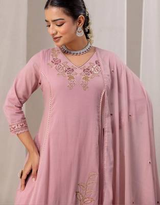 Women Floral Embroidered Angrakha Thread Work Chanderi Cotton Kurta with Trousers & With Dupatta 5