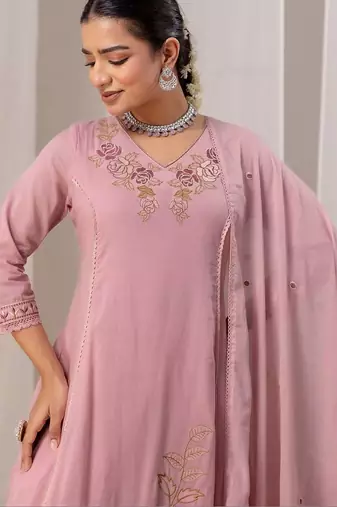 Women Floral Embroidered Angrakha Thread Work Chanderi Cotton Kurta with Trousers & With Dupatta
