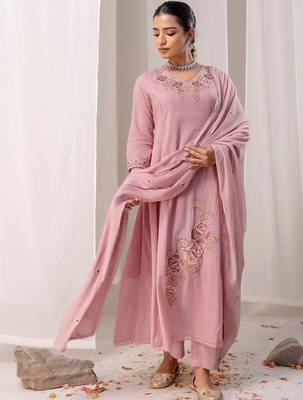 Women Floral Embroidered Angrakha Thread Work Chanderi Cotton Kurta with Trousers & With Dupatta 6
