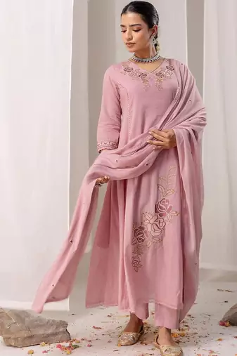 Women Floral Embroidered Angrakha Thread Work Chanderi Cotton Kurta with Trousers & With Dupatta
