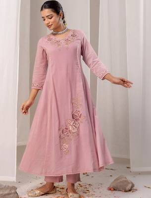 Women Floral Embroidered Angrakha Thread Work Chanderi Cotton Kurta with Trousers & With Dupatta 7