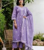 Women Ethnic Motifs Embroidered Regular Thread Work Pure Cotton Kurta with Trousers & With Dupatta