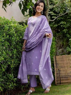Women Ethnic Motifs Embroidered Regular Thread Work Pure Cotton Kurta with Trousers & With Dupatta 3