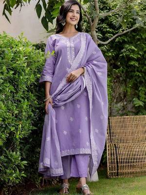 Women Ethnic Motifs Embroidered Regular Thread Work Pure Cotton Kurta with Trousers & With Dupatta 4