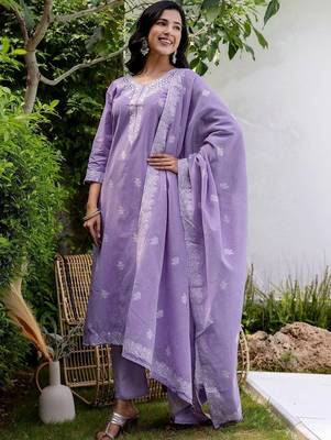 Women Ethnic Motifs Embroidered Regular Thread Work Pure Cotton Kurta with Trousers & With Dupatta 5