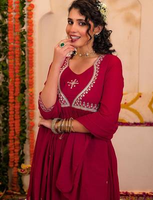 Women Ethnic Motifs Embroidered Anarkali Kurta with Trousers & Dupatta 2