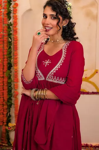 Women Ethnic Motifs Embroidered Anarkali Kurta with Trousers & Dupatta